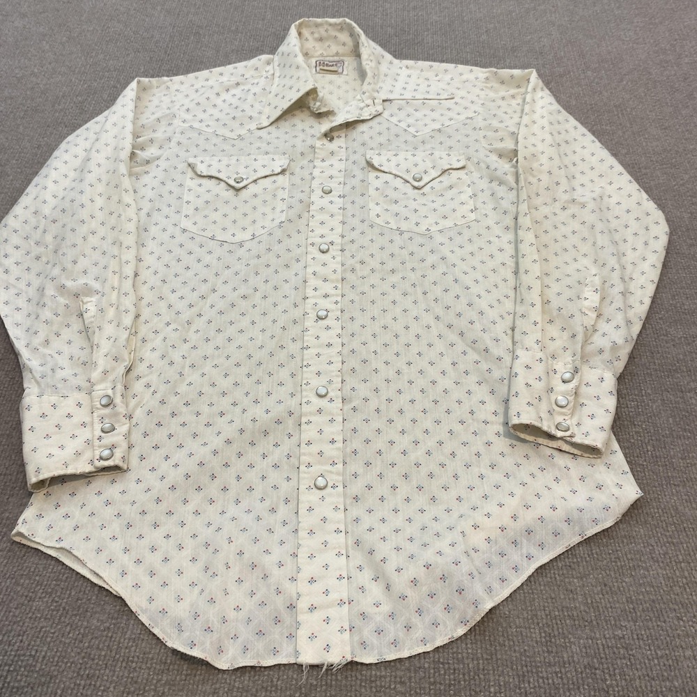 Vintage H Bar C Shirt Mens Medium Off White Floral Western Pearl Snap Long Tail
